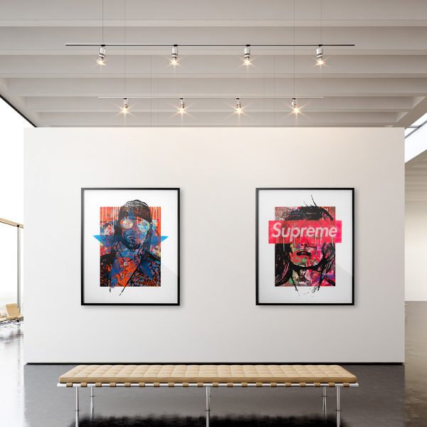 Picture exposition modern gallery,open space.Blank white empty canvas hanging contemporary art museum.Interior loft style concrete floor,light spots,generic design furniture and building.3d rendering
